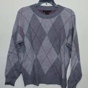 Tahari Cosy Soft Grey And Pink Argyle Sweater - Size M